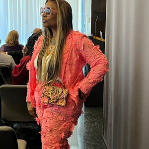 Floral Pink Lace Suit with Colorful Crossbody Bag